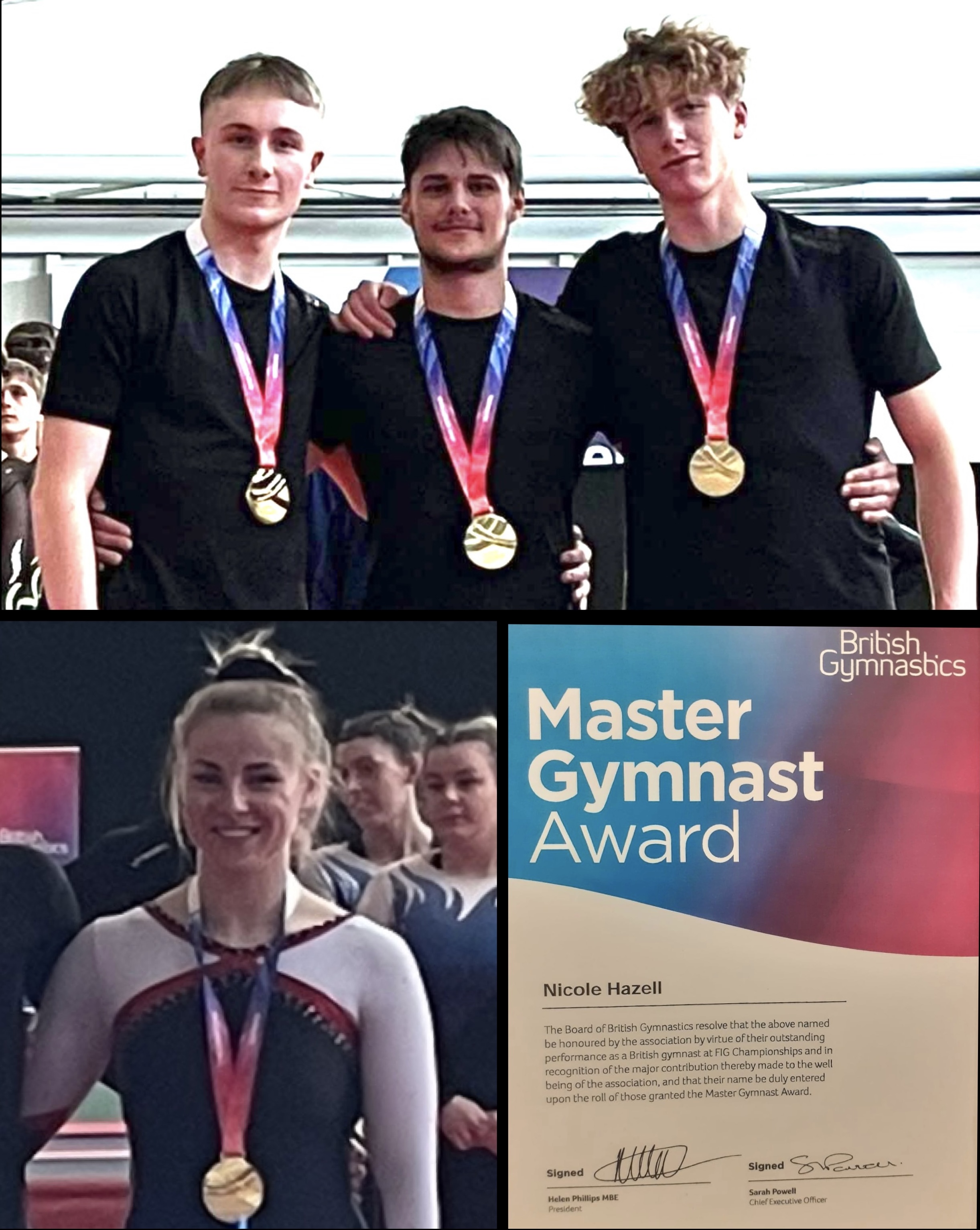  Crewe and Nantwich Gymnastics Club had a very successful day. Top: Charlie Calder, Joe Oldham and Will Calder. Bottom: Nicole Hazell, Master Gymnast (CNGC).