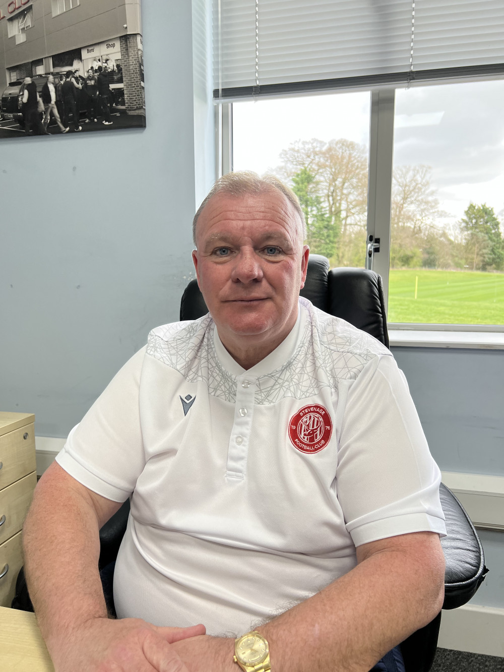 Stevenage boss Steve Evans demands hard work from his players. PICTURE: Steve Evans in his office at the club's training ground Bragbury End. CREDIT: @laythy29