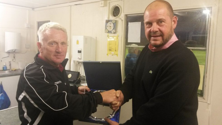 John Coventry (left) and Tilbury owner Danny Nash - pictured at a handover of the Robbie Nash Trophy, a tribute to Danny's father Robbie put up as the reward for annual pre-season meetings between East Thurrock and Tilbury. 