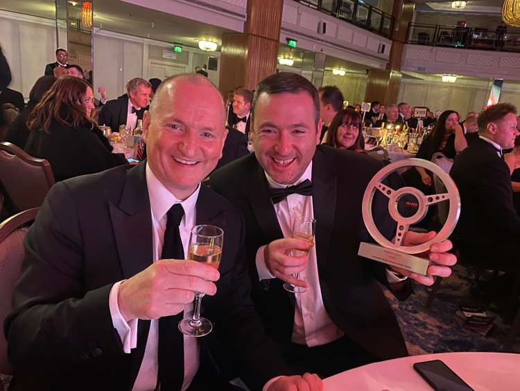 Swansway Group Director John Smyth (left) with Bodyshop Manager Mark Trevers (right) at the ceremony in London.