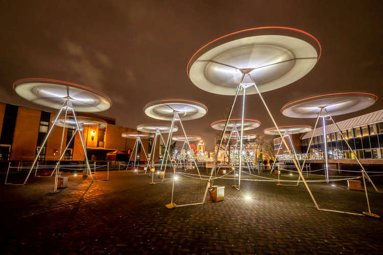 The Chorus tripods are a light and movement display at the Civic Centre (Photo: Peter Robinson).