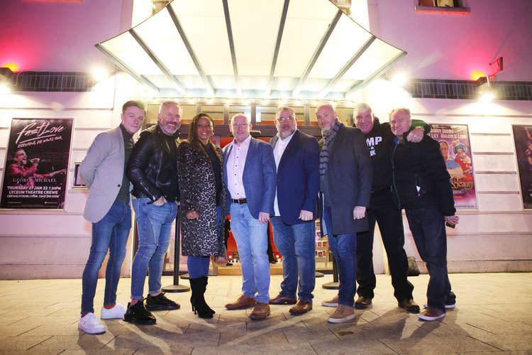 Alpha Omega managing director Ken Lawton, directors Amaka Lawton and Andy Taylor with Sam Gittins, Scott Peden, Michael Elkin, Joe Egan and Bobby Davro from Crewe Lyceum's panto Sleeping Beauty