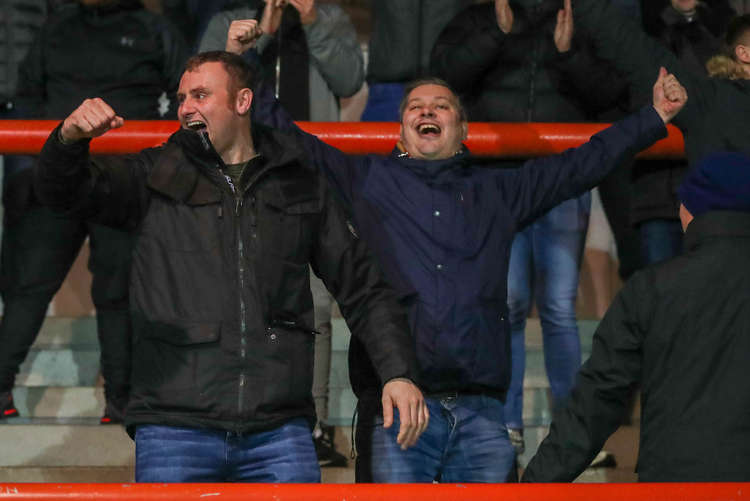 Alex fans celebrate their first league win on the road this season (Picture credit: Kevin Warburton).