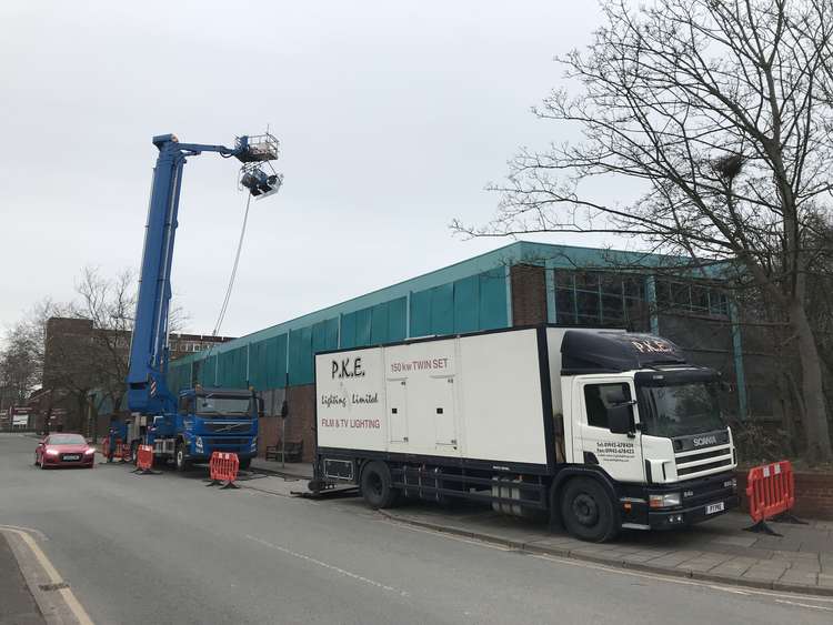 A cherrypicker was brought in for the bus station filming (Picture: Jonathan White).