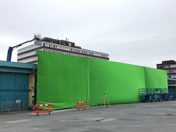 The bus station was screened off for the set (Picture: Jonathan White).