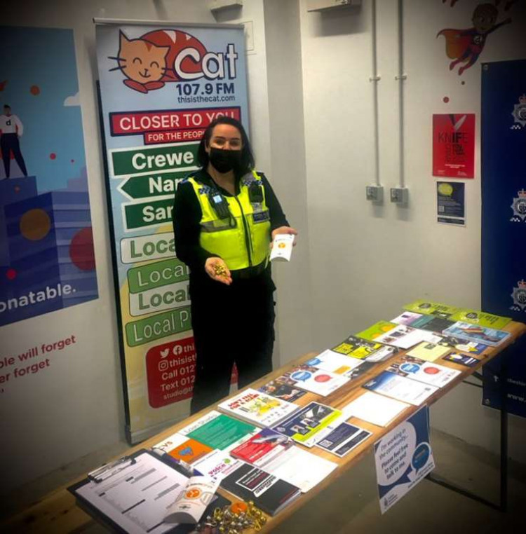 Police officers are passing on home security and anti-bike theft tips at the Market Hall (Picture: Crewe Police Twitter).