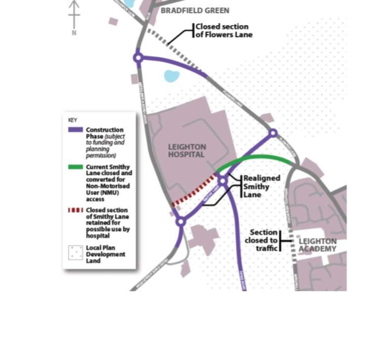 The North West Crewe Package will see the existing Smithy Lane closed and new link and spine roads built near Leighton Hospital.