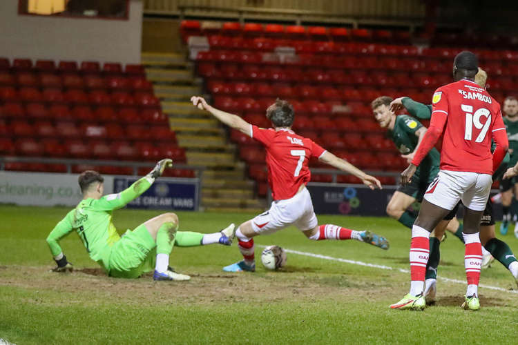 Chris Long fires Crewe ahead, but it went downhill after the interval (Picture credit: Kevin Warburton).