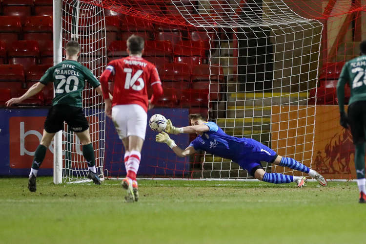 Will Jaaskelainen keeps out Adam Randell's first-half spotkick (Picture credit: Kevin Warburton).