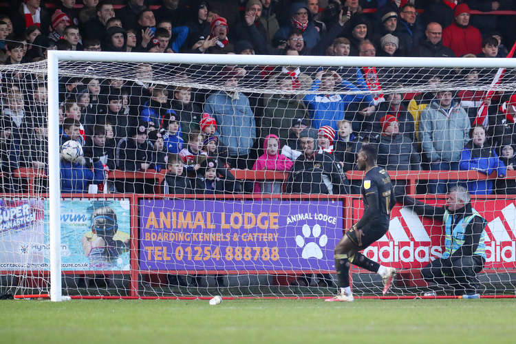 Dan Agyei scores Crewe's late consolation (Picture credit: Kevin Warburton).