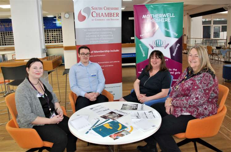Chamber team members Dominic Hibbert and Jacqui Morris with (front) Motherwell Cheshire founder Kate Blakemore and wellbeing coordinator Debbie Sharred.
