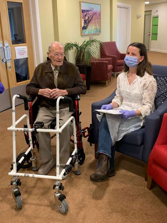 Roy Broadfield (95) with Dr. Sibylle Thies at Belong Crewe.