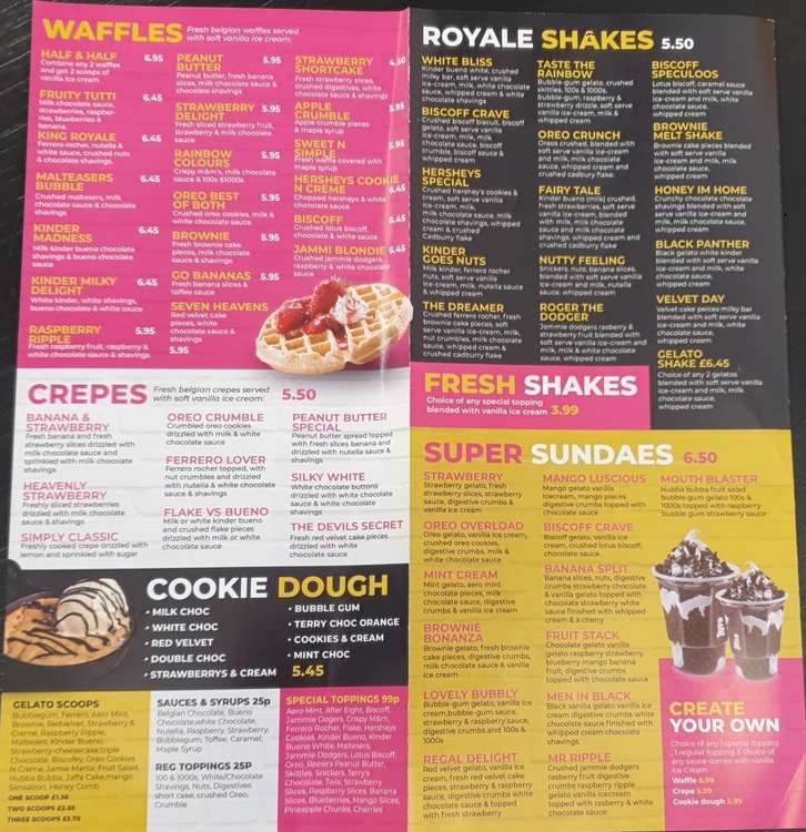 The Buns N Shakes dessert and milkshakes menu.