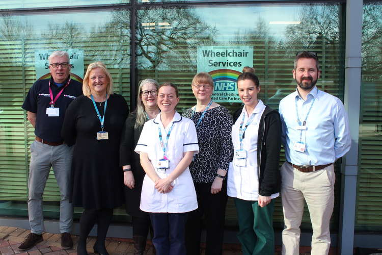 (Left to right) Mark Groves, Healthwatch, Denise Frodsham, from the CCICP, Louise Barry, Healthwatch, Mary Foulerton, clinical specialist, Jill Chaddock and Natalie Sproson, Wheelchair Services, and Tony Mayer, of the CCICP at the new centre.