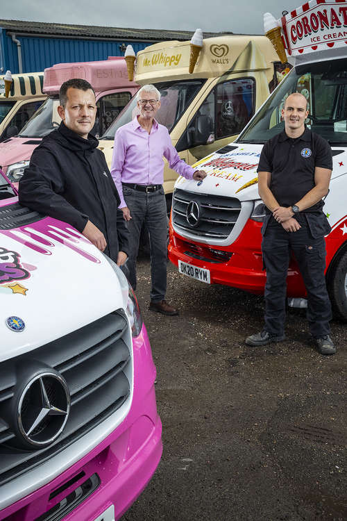 Ed, Stuart and Kris Whitby next to Sprinter ice cream vans. (Picture credit: Whitby Morrison)