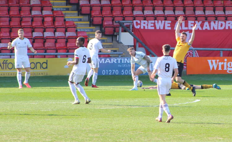 Former Crewe centre forward Tom Pope appeals for a penalty.