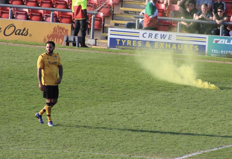 Crewe stewards had to remove a Congleton flare off the pitch, after The Silkmen went 3-1 up.