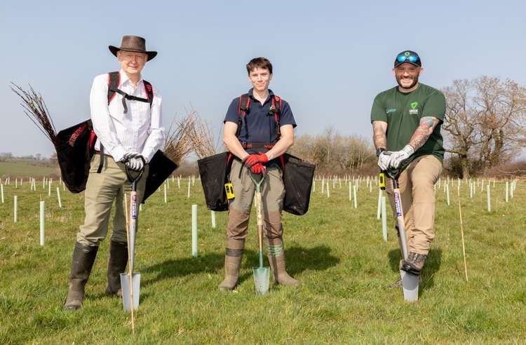 (From left) Councillor Quentin Abel (Cheshire East Council), Will Marshall (The Mersey Forest) and Mark West (Green Task Force) at the tree planting site at Leighton Grange, Crewe. (Picture credit: Cheshire East)