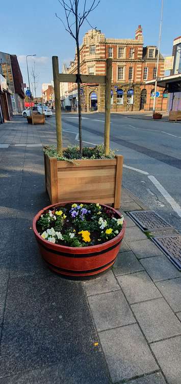 Colourful flowers and trees facing towards the town centre.