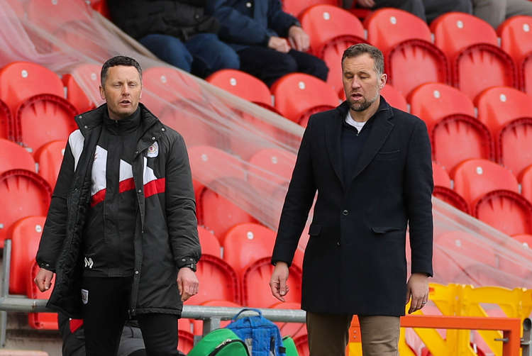 Despair for assistant manager Alex Morris and Dave Artell (Picture credit: Kevin Warburton).