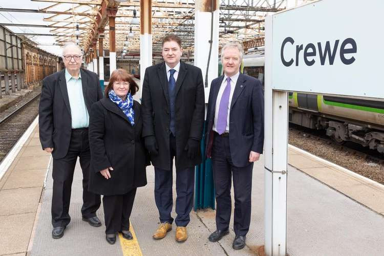 Alsager councillor, Rod Fletcher with Cllrs Janet Clowes, Craig Browne and Sam Corcoran at Crewe station showing their support.