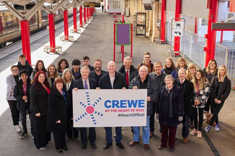 Partners backing the Great British Railways bid gathered at Crewe Railway Station this morning to celebrate and gather public support for the bid. (Photo: Cheshire East) p0