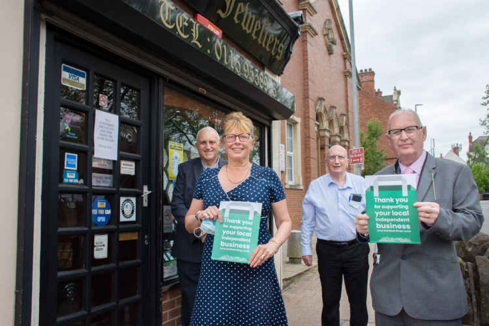 This picture shows Cllr Dave Shaw, Stephanie Paulson owner of Goldfingers Jewellers, Cllr Jim Blagden and Cllr John Wilmott outside Goldfingers on Baker Street in Hucknall. Photo Credit: Ashfield District Council.