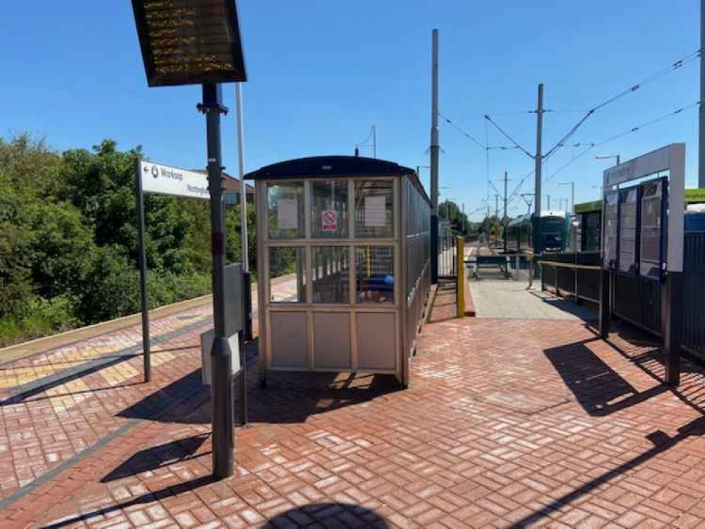 A tram waits at Hucknall station. Photo Credit: Tom Surgay