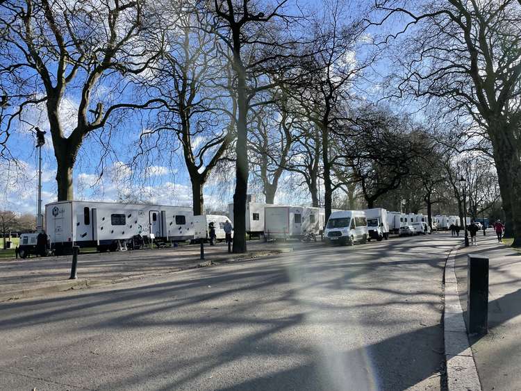 The large film crew have set up on the west side of Battersea Park (credit: Lexi Iles)