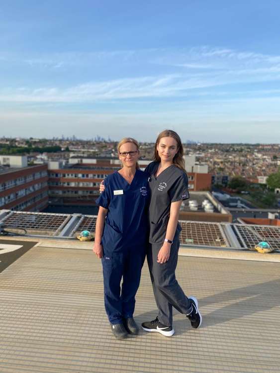 Anthea with her daughter Claudia on the roof of St George's Hospital (credit: Anthea Allen)