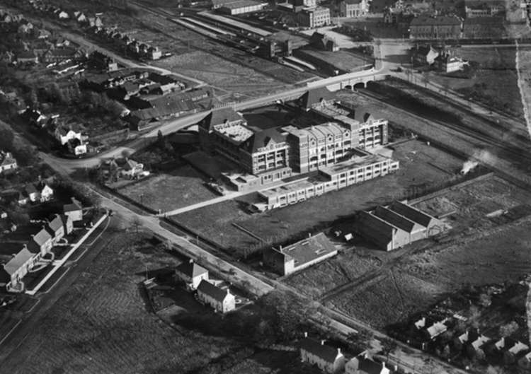 A photograph of the Spirella Building from the air taken in 1928. CREDIT: Britain from Above