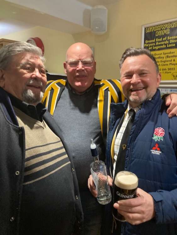 Letchworth Rugby Club chairman Brian Burke after promotion celebrations: We certainly didn't have much beer left on Sunday. PICTURE: Living Letchworth Legends: A delighted trio of former Letchworth chairmen Graham Steele Ian 'Freddie' Kite and D