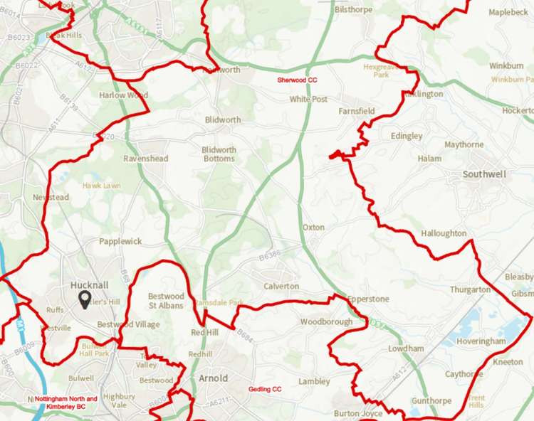 The map shows how the constituency of Sherwood was due to look according to the Boundaries Commission.