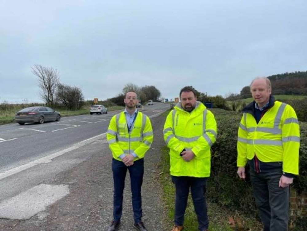 West Dorset MP Chris Loder, centre, with National Highways south west regional director Andrew Page-Dove, right, and Ben Hampson, National Highways' A35 route manager