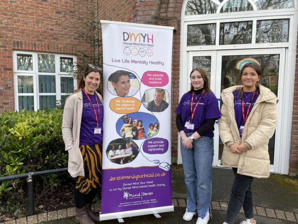 Three Dorset Mind Your Head ambassadors outside Dorchester Middle School