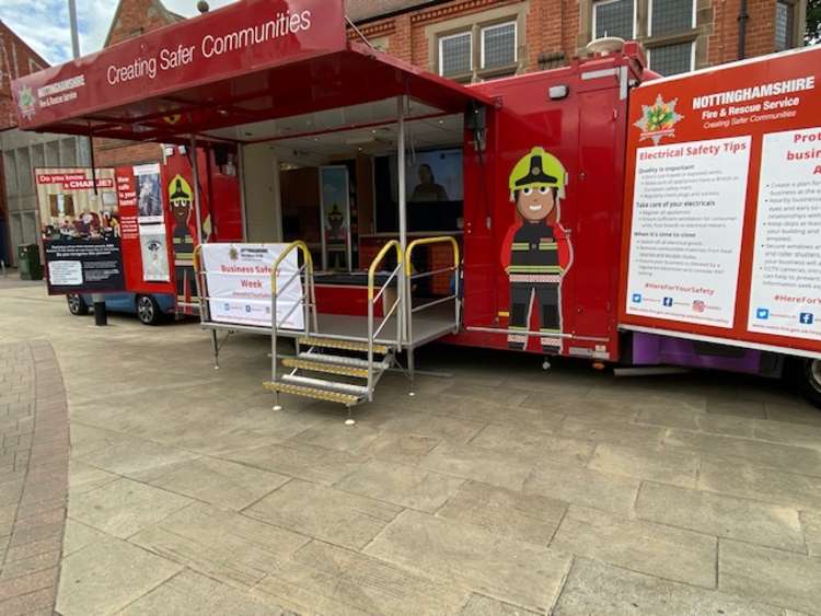 The fire protection team's setup just outside Hucknall library. Photo Credit: Tom Surgay