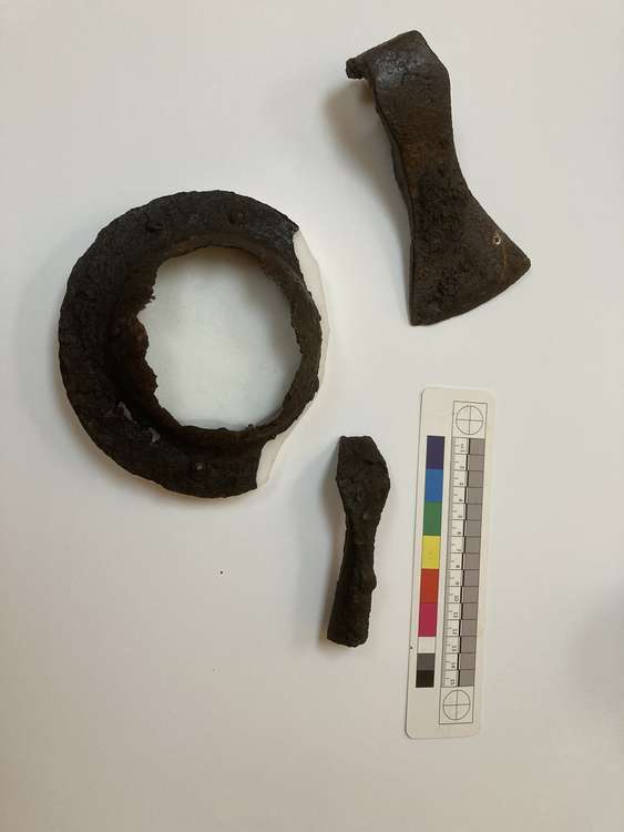 Possible Viking age axehead, shield boss and bent spear tip found at Meols in the 19th Century.  Courtesy of the Grosvenor Museum