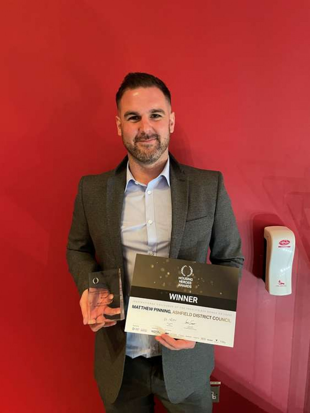 Matthew Pinning scooped the coveted award at the 2021 Housing Heroes awards. Photo courtesy of Ashfield District Council.