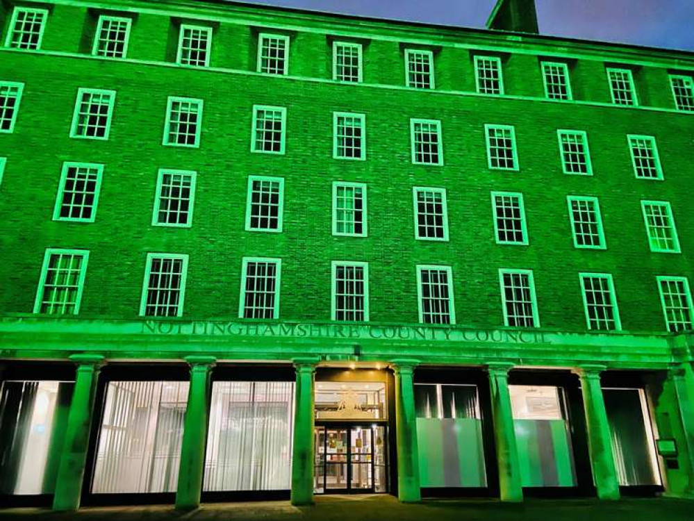 County Hall will be illuminated green all week to mark Recycle Week. Photo courtesy of Nottinghamshire County Council