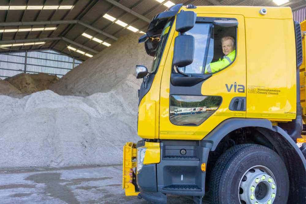 Councillor Clarke pictured in one of the council's gritters as they prepare for potentially hazardous weather conditions this winter. Photo credit: Nottinghamshire County Council.