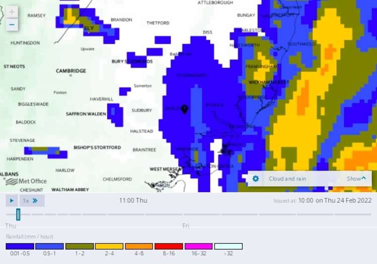 Weather map of Hadleigh and surrounding areas. Credit: Met Office.