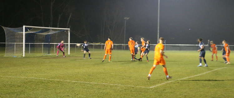 Goalmouth action between Hadleigh and Brantham at Millfield (Picture credit: Ian Evans / Nub News)