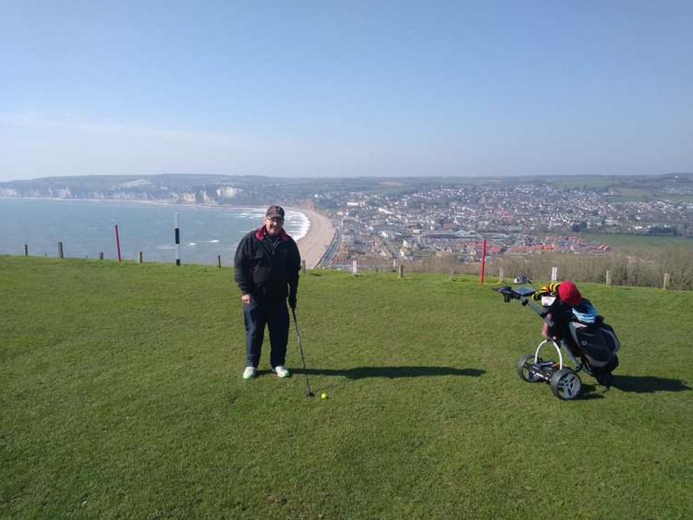 David Lacey, new Seniors' captain at Axe Cliff, pictured after excellent drive on the famous 344-yard hole. Photo by Jo Hopgood