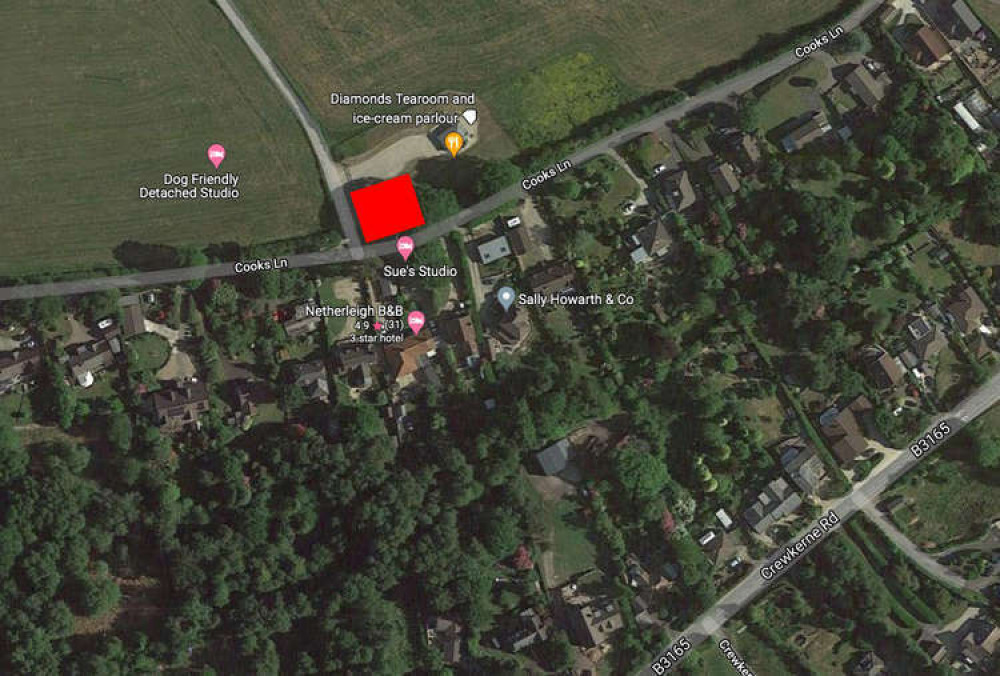 The red square shows where the new play area would be sited, off Cooks Lane next to the Diamonds Tearoom at Furzleigh Down Farm