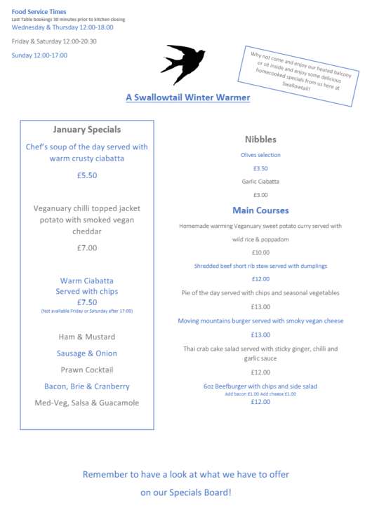 The Swallowtail Restaurant and Bar has published its new January Winter Warmer Menu