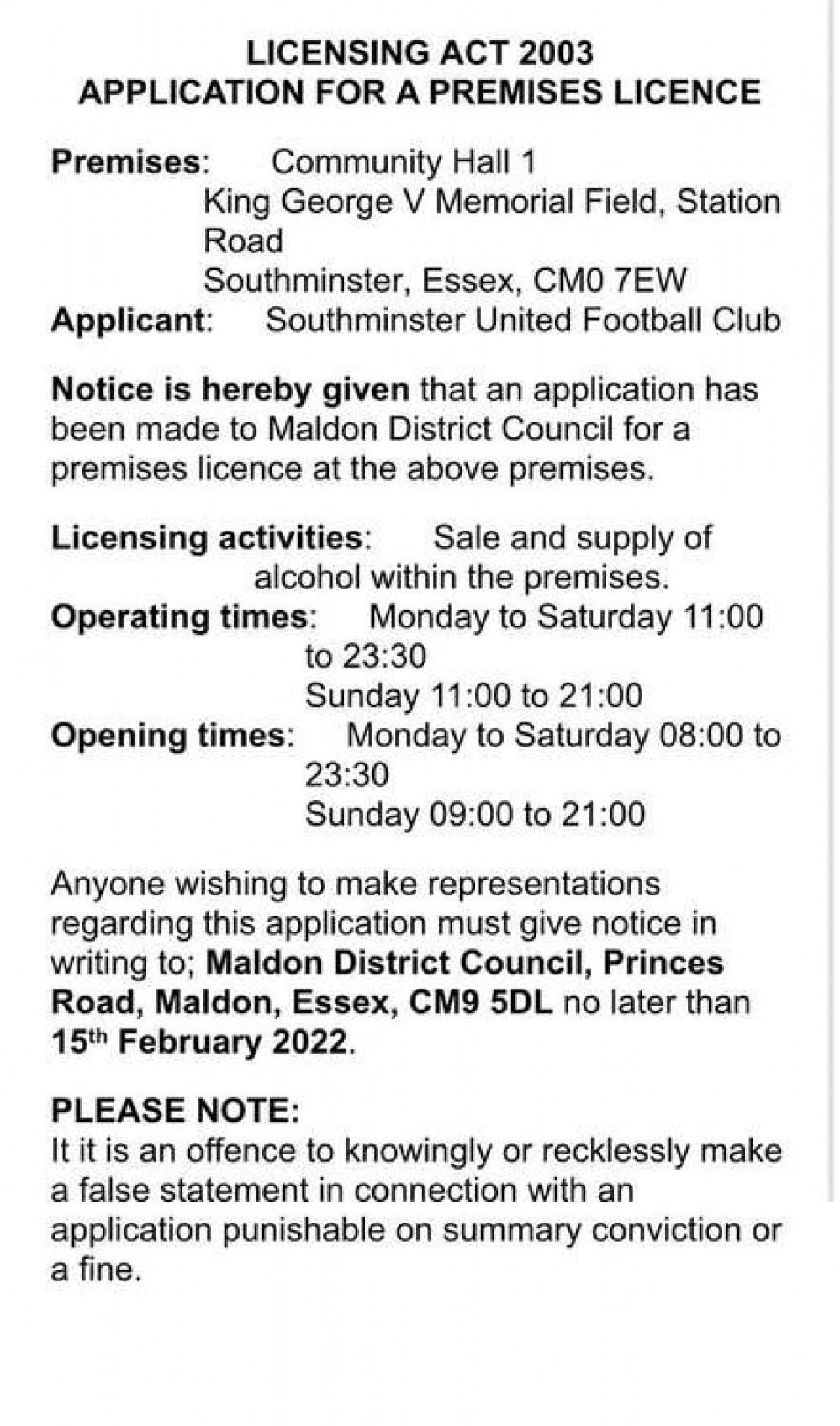 PUBLIC NOTICE: Licensing application for Southminster United Football Club at Community Hall 1, King George V Memorial Field, Station Road, Southminster