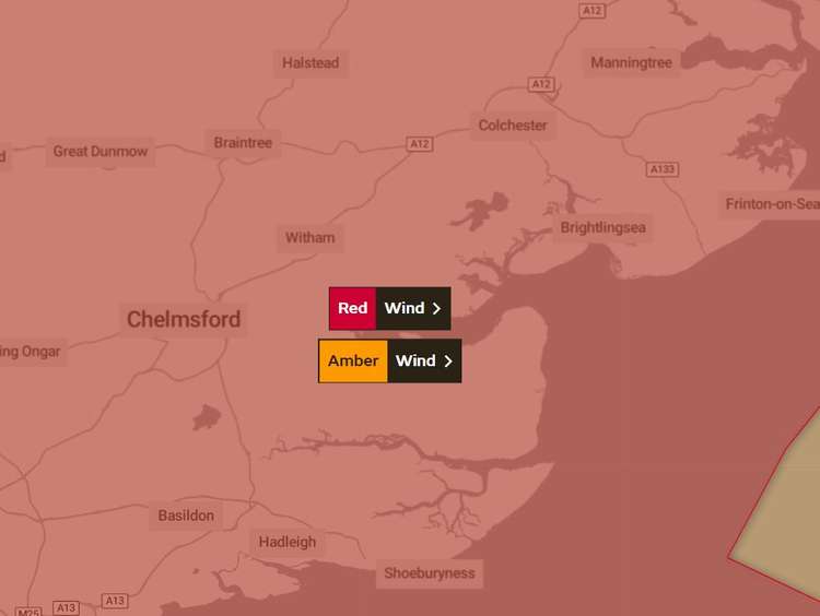 A red warning warning of "danger to life" is in place across Essex (Photo: Met Office)