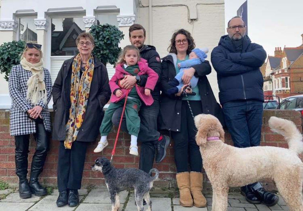 Residents of Lynette Avenue in Clapham. Left to Right: Bettina Michael-Winters, Jenny Treleaven, Henry Brigstocke and daughter, Lauren Mele and baby, Francois Gamaury. (Image: Robert Firth)