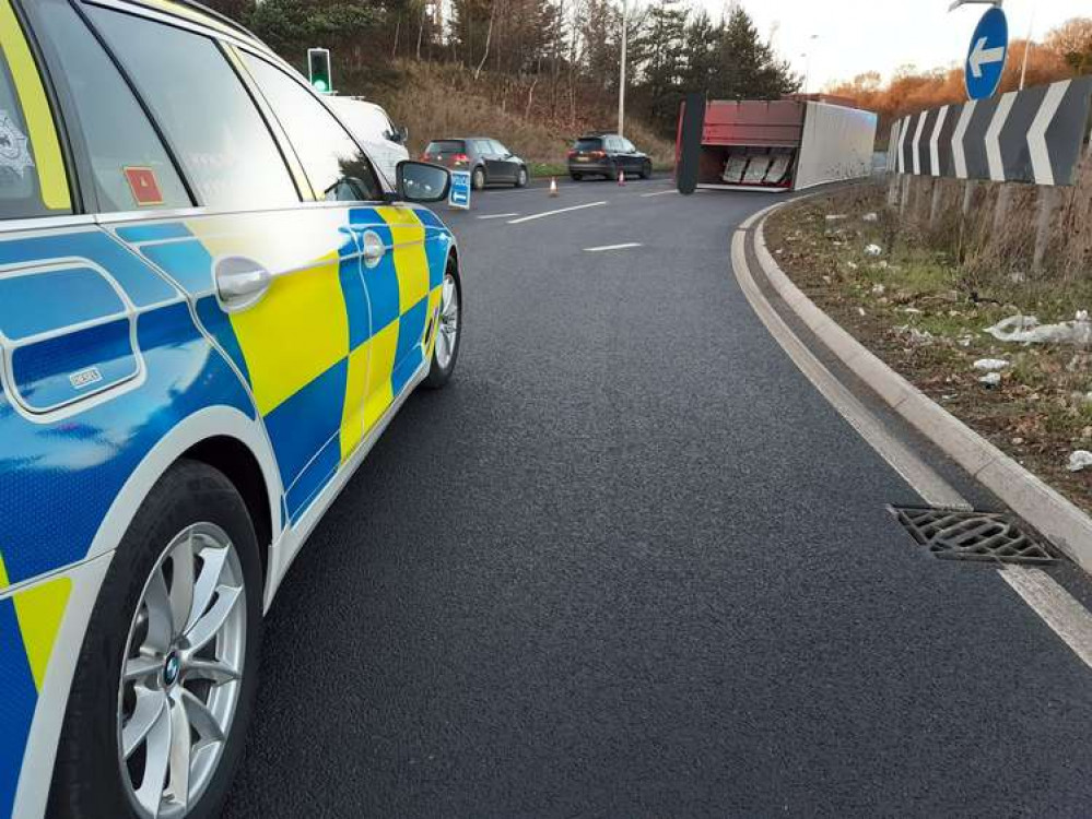 Lorry overturned at Dock Spur roundabout (Picture credit: Suffolk Roads and Armed Police Team)