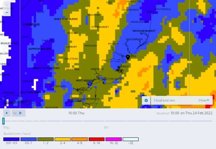 Weather map of Felixstowe and surrounding areas. Credit: Met Office.